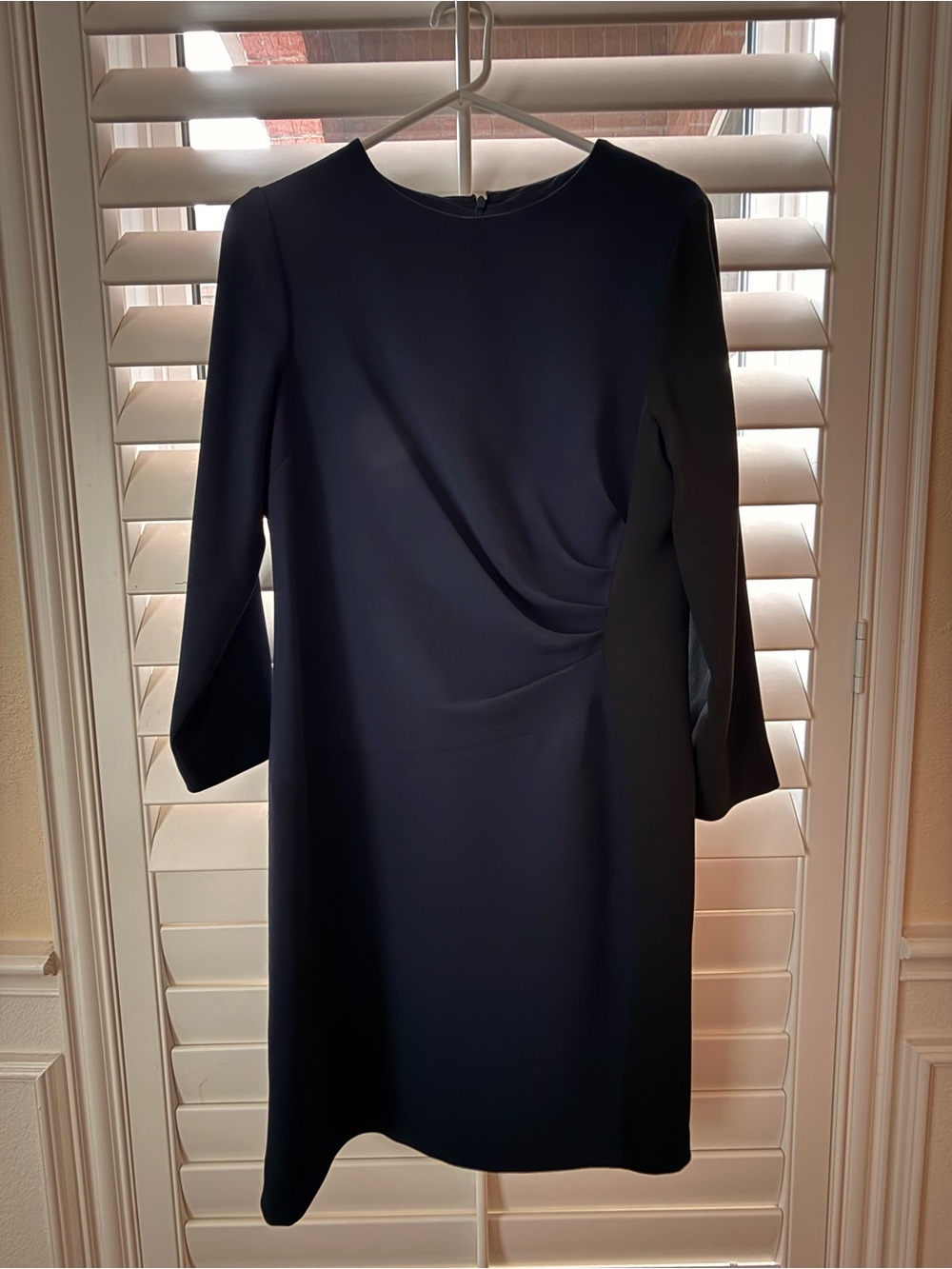 Teri Jon Navy Long-Sleeve Sheath Dress with Side Drape